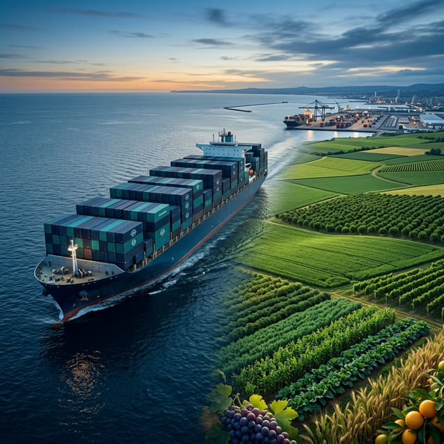 Illustration of a container ship sailing past farmland towards a port