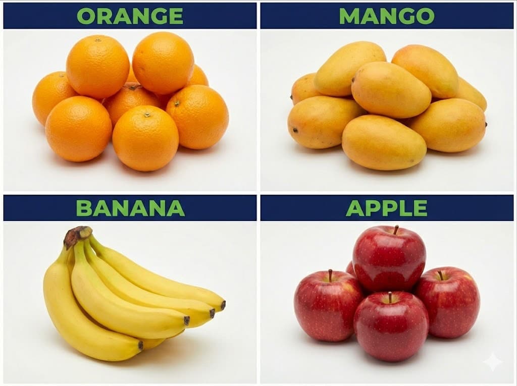Illustration of fresh oranges, mangoes, bananas and apples