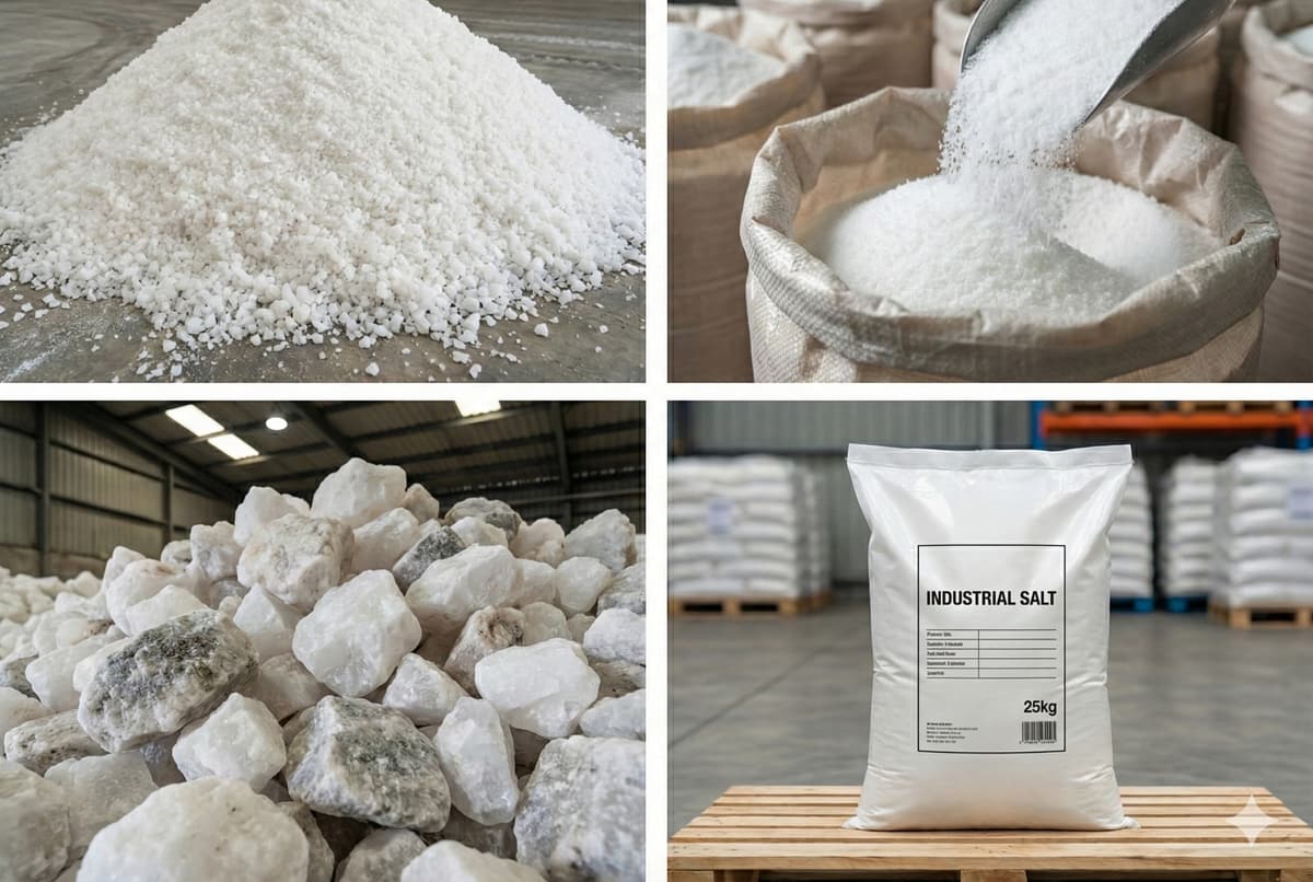 Illustration of industrial salt in granules and bags