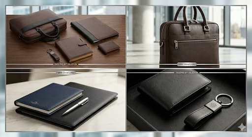 Illustration of corporate gifts: leather folders, a bag, notebooks and a wallet