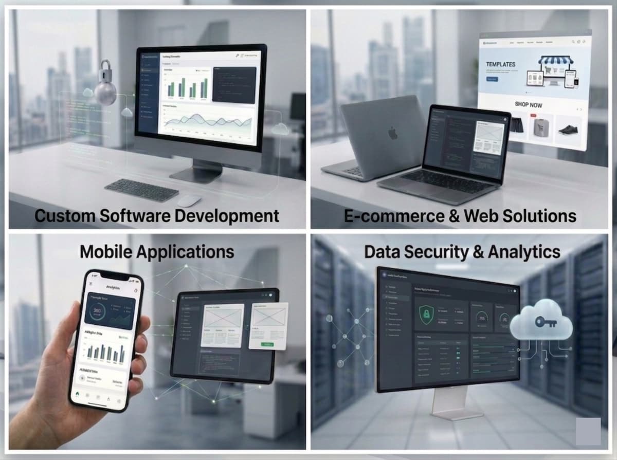 Illustration of software products: business dashboards, e-commerce websites, mobile apps and data security