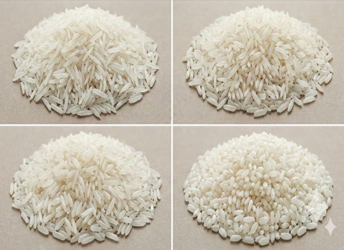Illustration of four long-grain rice varieties