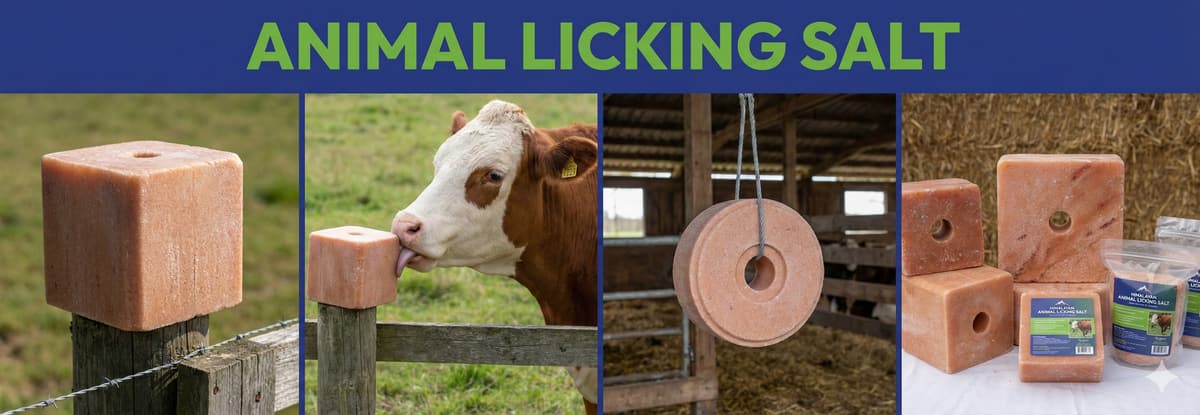 Illustration of Himalayan animal licking salt blocks, a hanging salt wheel and packaged lick salt
