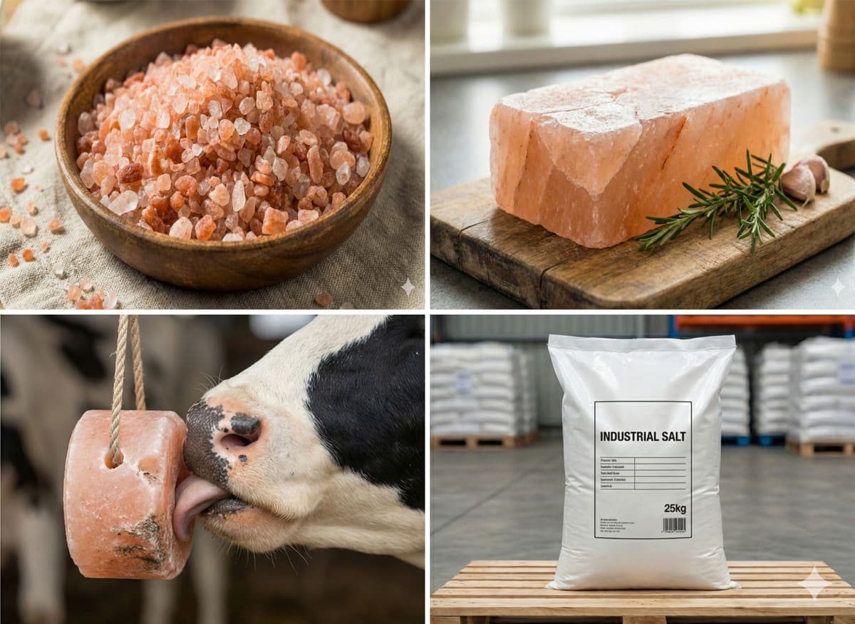 Illustration of Himalayan pink salt products: coarse salt, a salt block, an animal lick block and packaged salt
