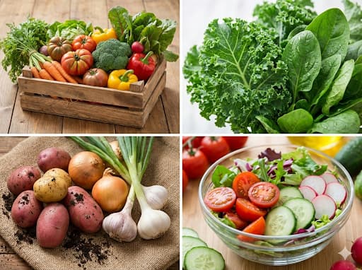 Illustration of fresh vegetables, potatoes and onions