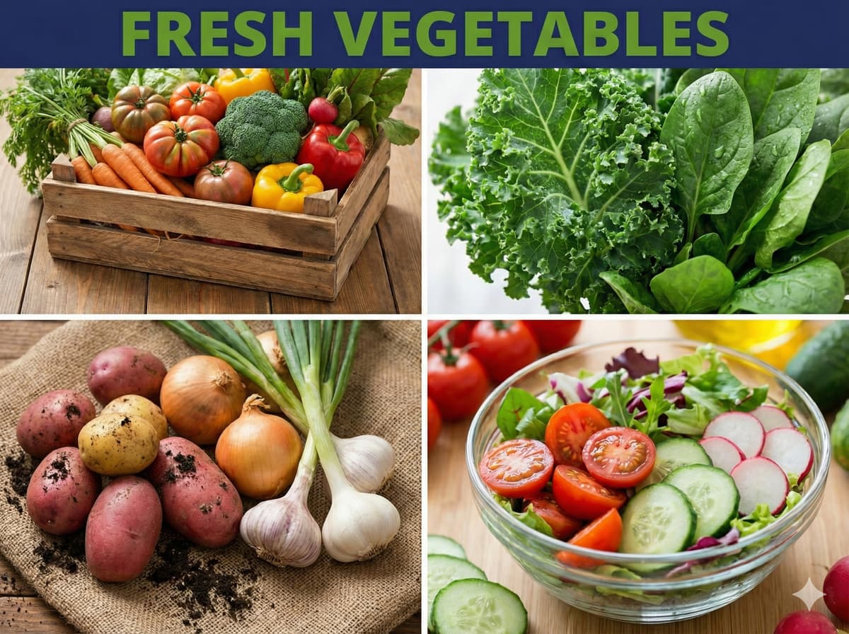 Illustration of fresh vegetables: tomatoes, leafy greens, potatoes, onions and garlic